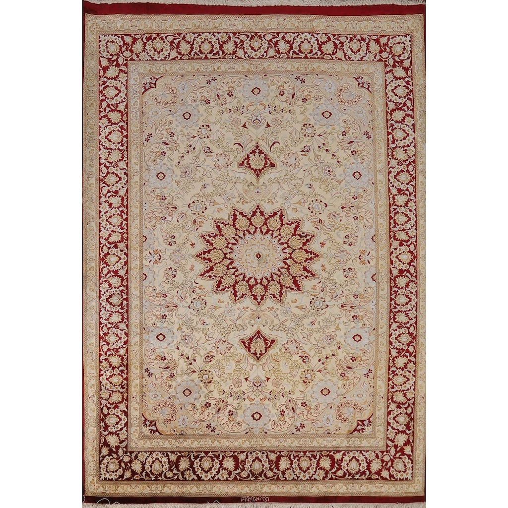 Handmade 100% Silk Qum Persian Accent Rug Traditional Beige Carpet - 4'4"x 6'3"