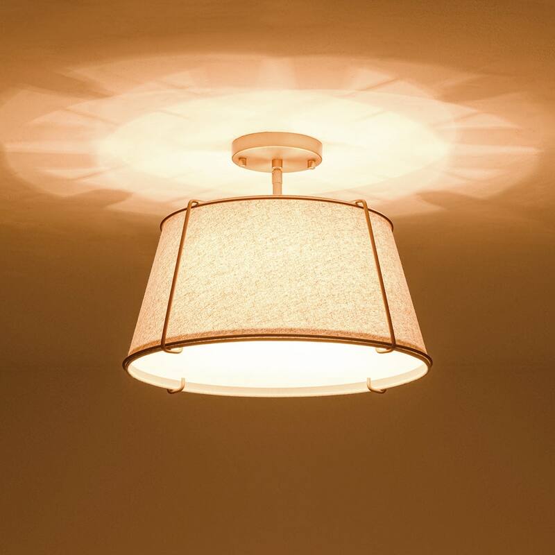 Brass 4-Light Wide Drum Linen Ceiling Light - 17in Mid-Century