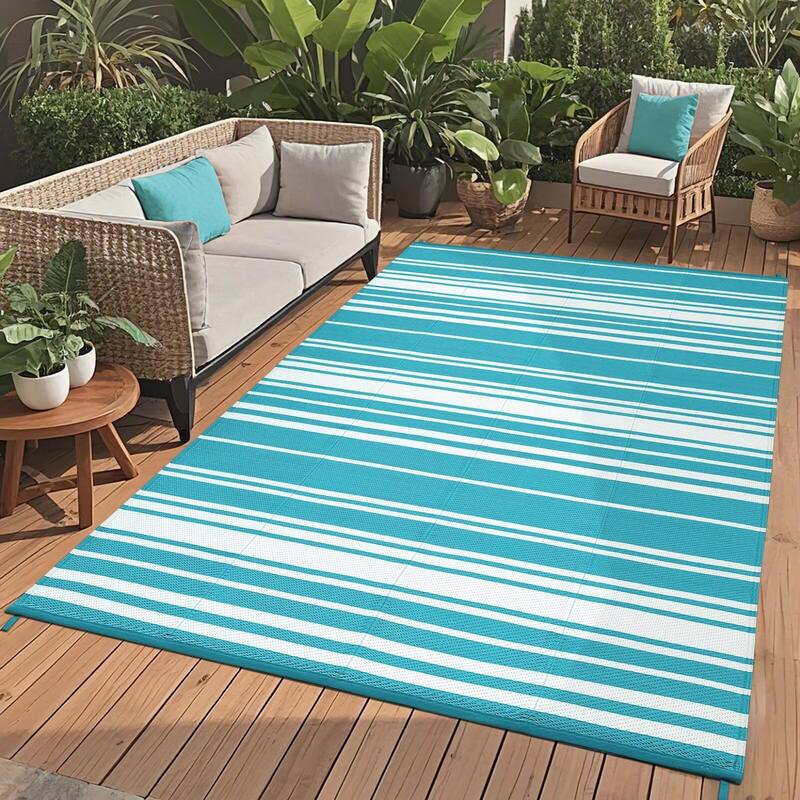 Outdoor Rug Waterproof Mat Outside Rugs for Patio Camping Balcony Modern Strip Plastic Straw Rug - 8'x10' - Light Blue White