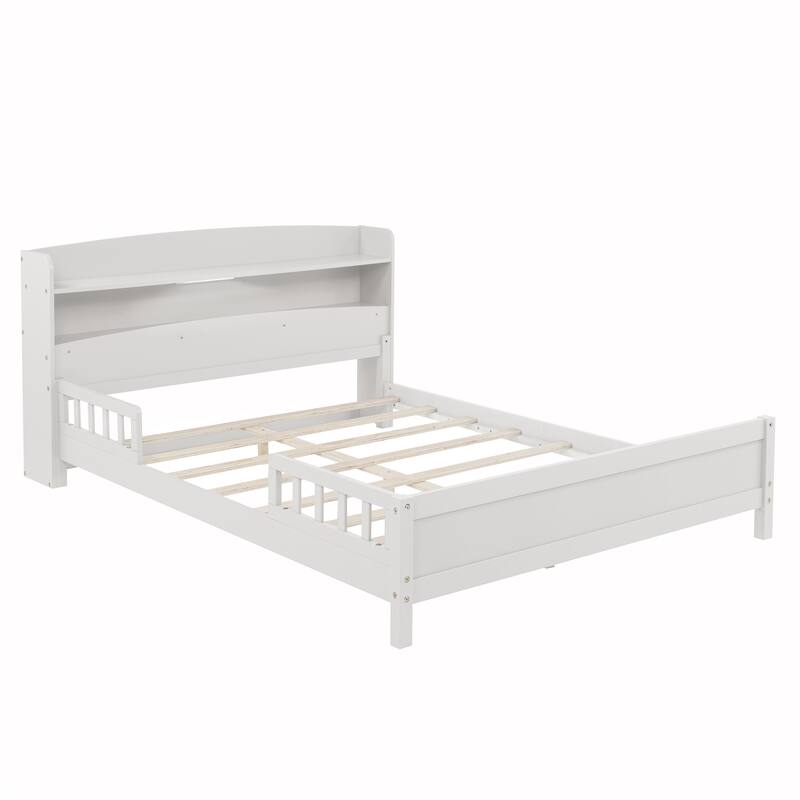 Full Size Pine Bed w/ Bookcase Headboard ,LED Sensor Light, Guardrails