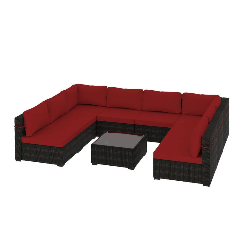 UPHA 9 Pieces Patio Furniture Set Outdoor Sectional Sofa Set, Brown PE Rattan Wicker Conversation Set with Coffee Table - Red