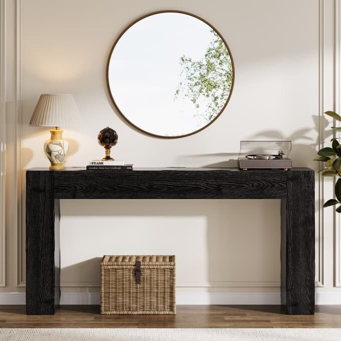 63-inch Solid Wood Console Table, Farmhouse Long Entryway Table - Black