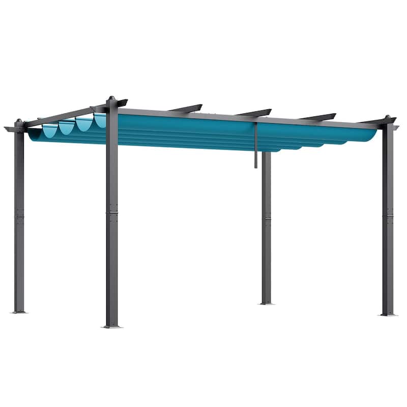 10 x 13 Feet Aluminum Outdoor Retractable Pergola with Sun Shade Adjustable Retractable Canopy - Blue