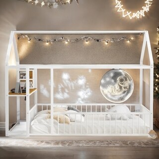 Full Size Metal Bed with Desk, House Bed Frame with Shelves and USB Ports