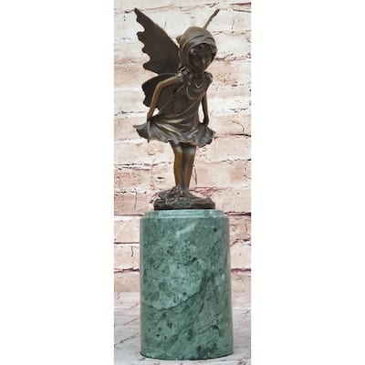 Young Fairy Angel Girl Child Bronze Sculpture Figure On Green Marble Base