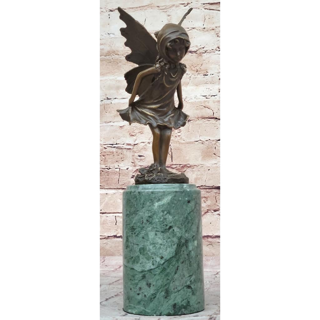 Young Fairy Angel Girl Child Bronze Sculpture Figure On Green Marble Base