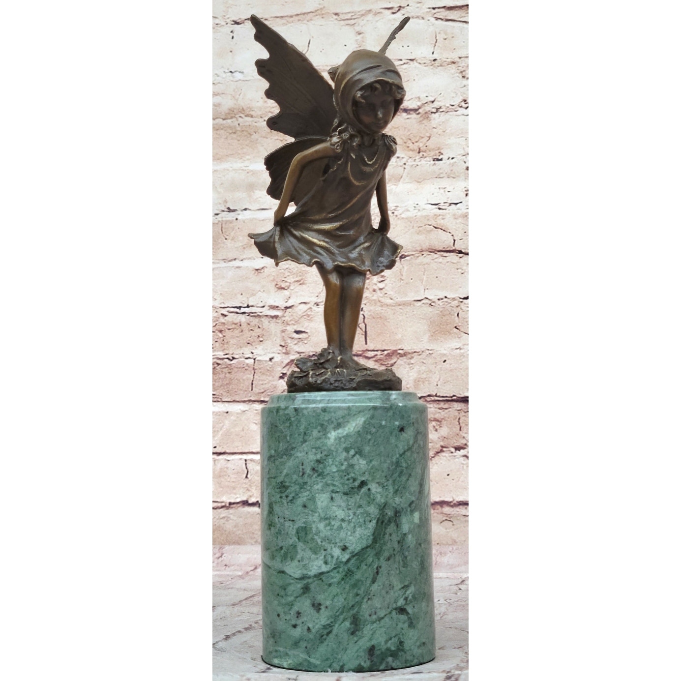 Young Fairy Angel Girl Child Bronze Sculpture Figure On Green Marble Base