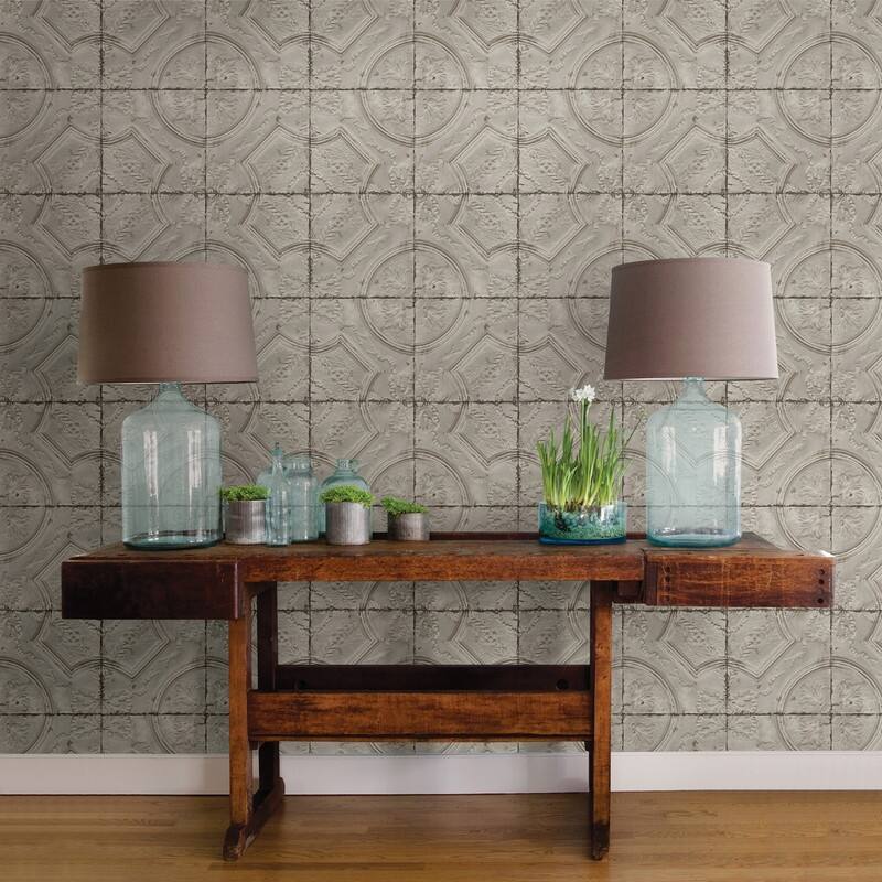 Chesapeake Susanna Taupe Vintage Tin Tile Wallpaper - 20.5in x 396in x 0.025in