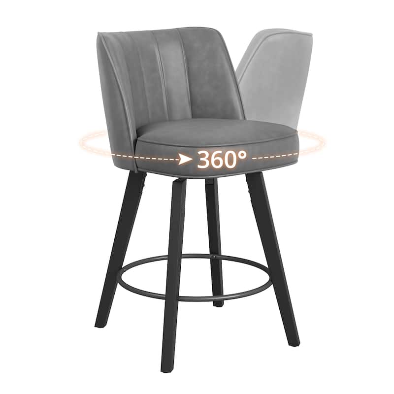 26.in Swivel Bar stool PU Leather/Fabric Upholstered Counter Stool, High Back Armless Stool with Wooden Legs - Set of 3 - Dark Gray/Lether