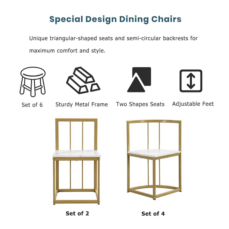 Modern 7-Piece Dining Set with Faux Marble 55" Compact Table and 6 Triangular Chairs for Small Spaces and Dining Room