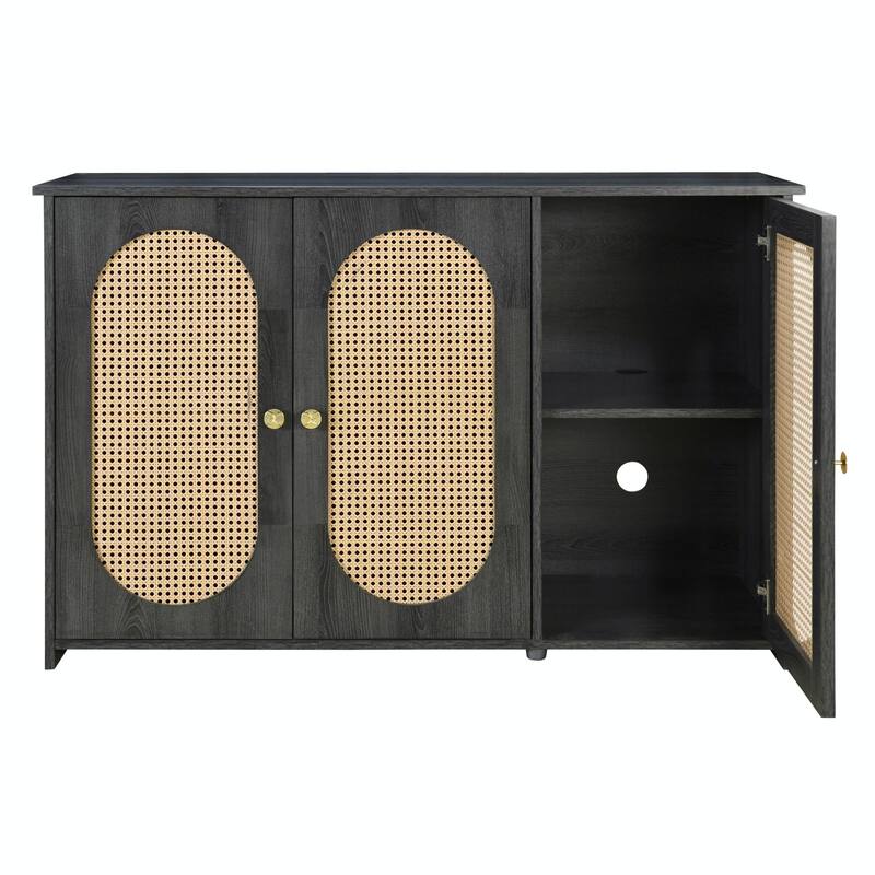 Retro 3-Door Sideboard - Large Storage with Rattan Doors and Metal Handles