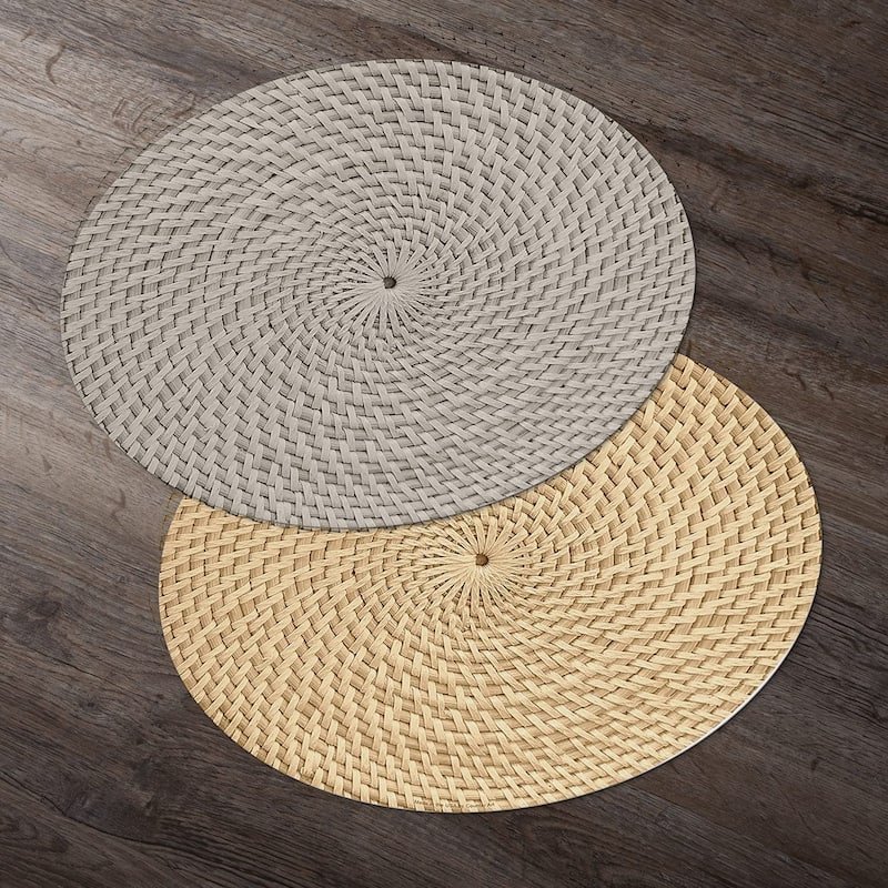 CounterArt Taupe and Natural Basket Weave Design Round Reversible Easy Care Plastic Placemat Set of 4 Made in The USA