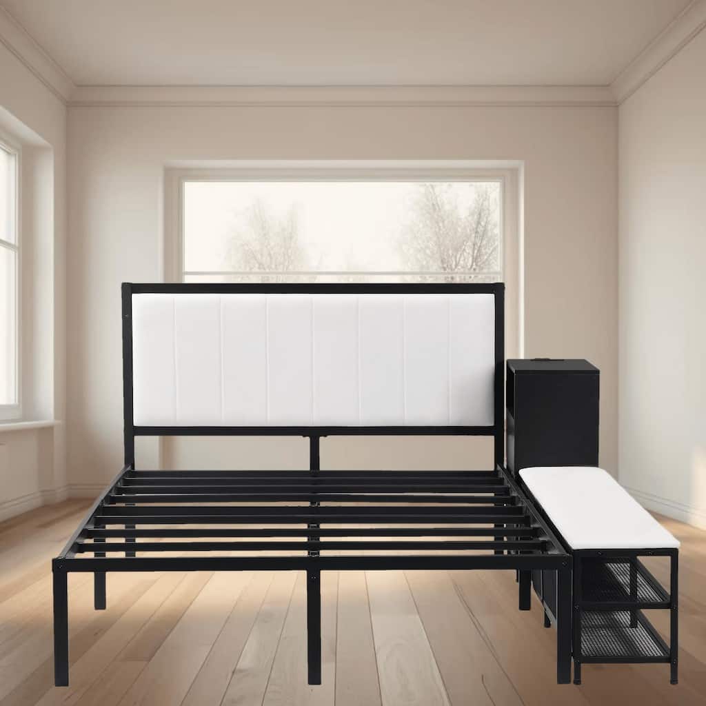 Full Size Metal Platform Bed Frame with Two-Tier Storage Shelves and Wooden Cabinet, Sturdy and Functional Bedroom Furniture