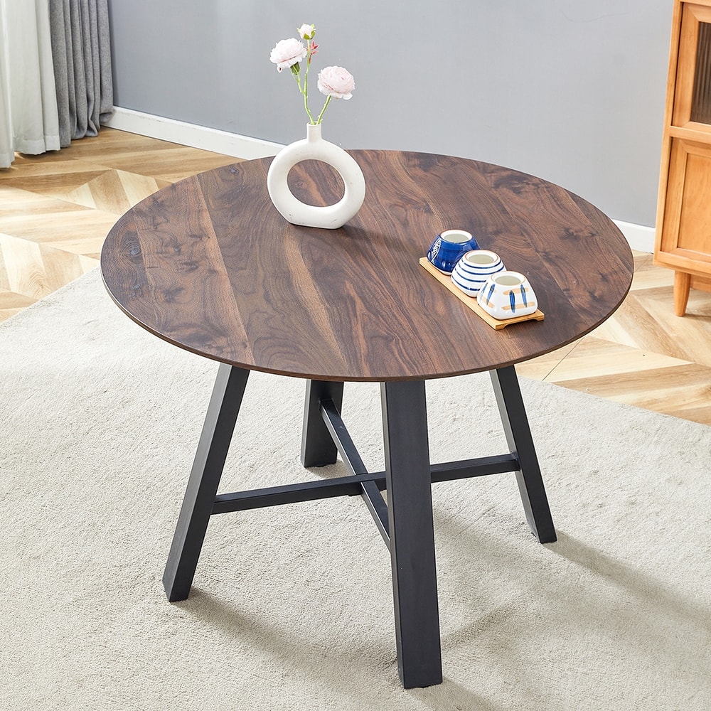Modern minimalist round dining table and coffee table.Deep Wood Grain Table Top, Black Metal Legs