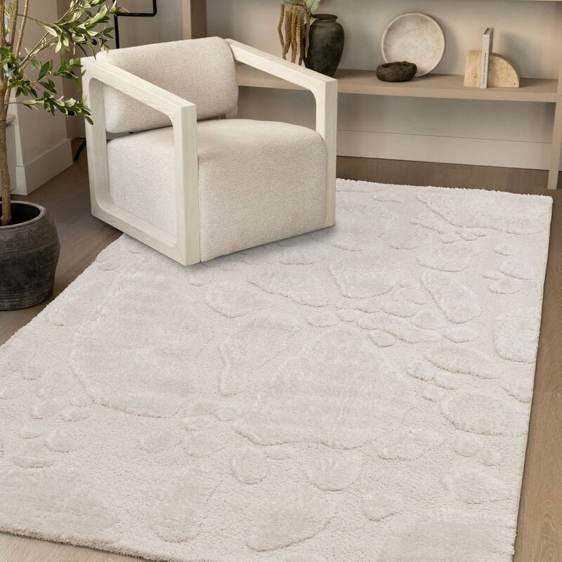 Luxurious White Stepping Stones High-Low Textured Rug