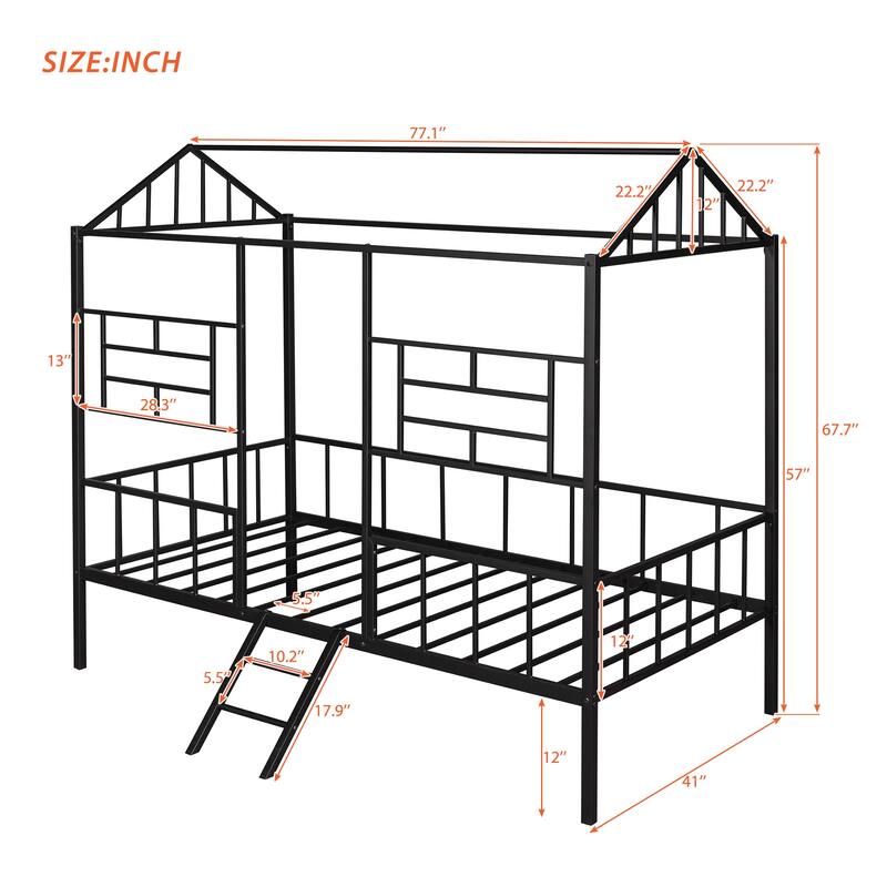 Twin Size Metal House Bed Frame for Kids with Slats and Roof Design, No Box Spring Needed