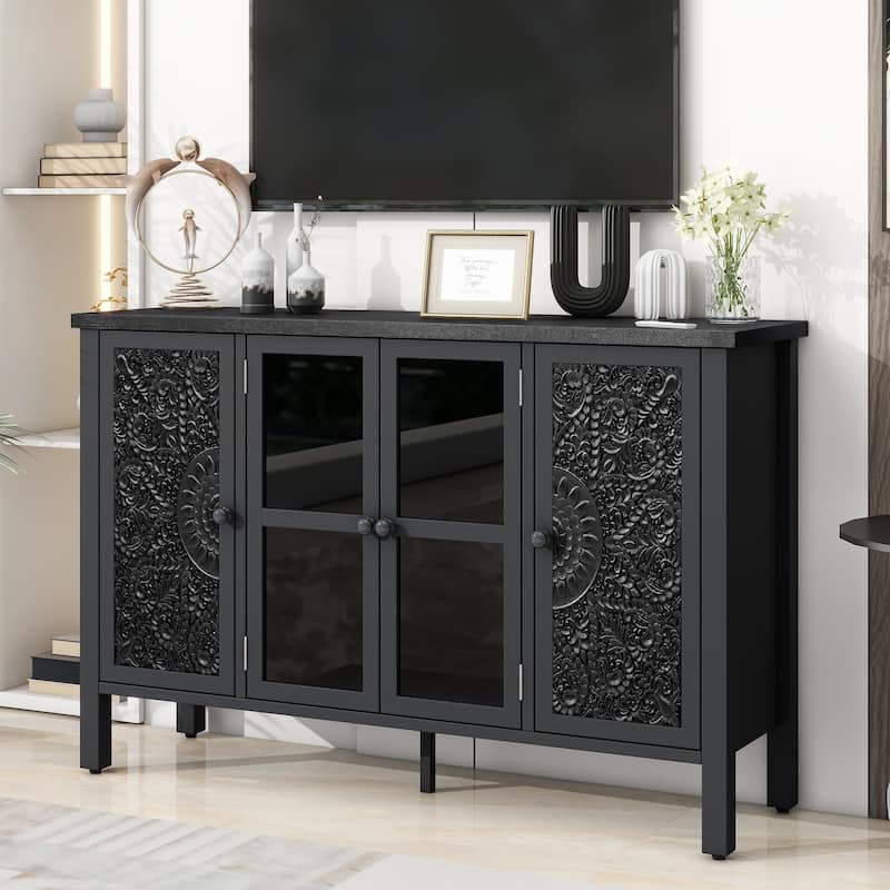 47.2" Retro TV Stand with Carved Doors and Glass Display - Black