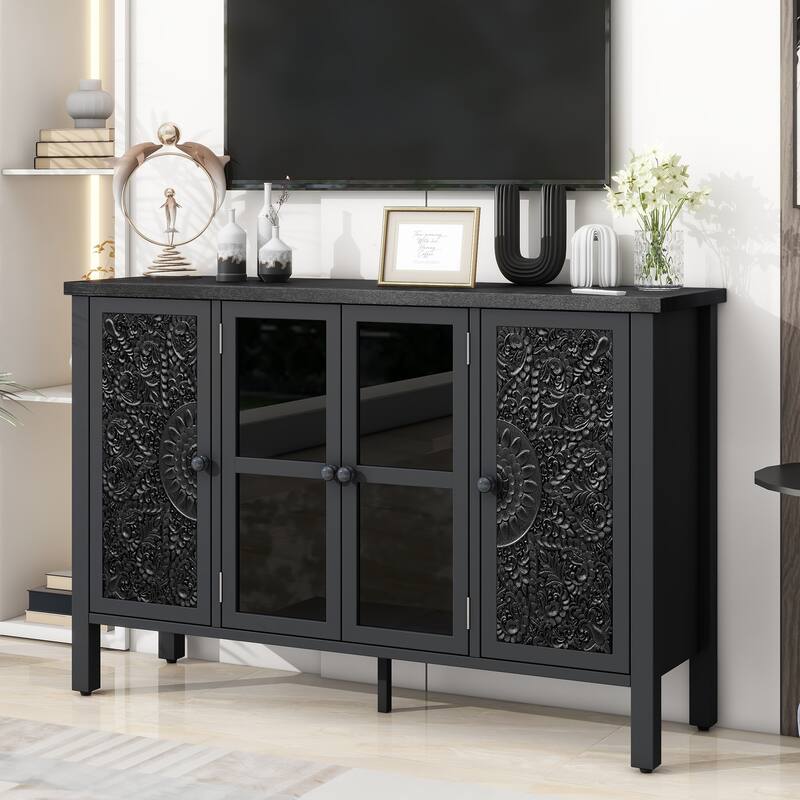47.2'' Retro TV Stand with Adjustable Shelves, Entertainment Center Media Console with Glass Cabinet Doors & Anti-tip Device - Black