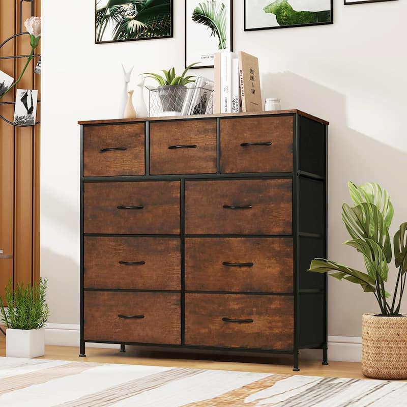 Dresser for Bedroom, Storage Organizer with 9 Drawers, Chest of Drawers with Fabric Bins, Sturdy Metal Frame, Wood Tabletop