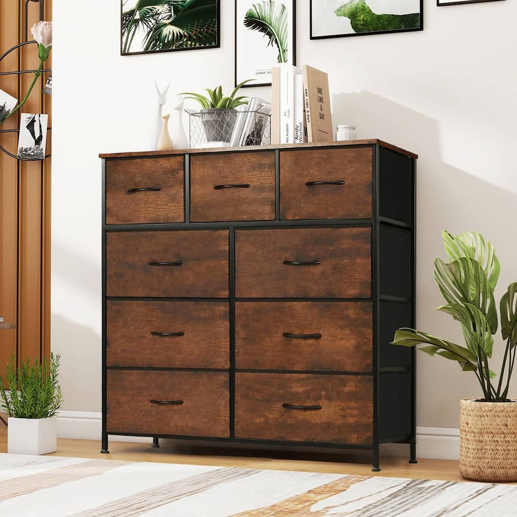 Dresser for Bedroom, Storage Organizer with 9 Drawers, Chest of Drawers with Fabric Bins, Sturdy Metal Frame, Wood Tabletop