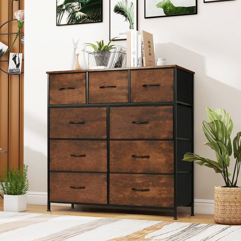Dresser for Bedroom with 9 Drawers, Anti-Tip Tall Fabric Chests Storage Organizer Tower Furniture with Wooden Top Metal Frame - Brown