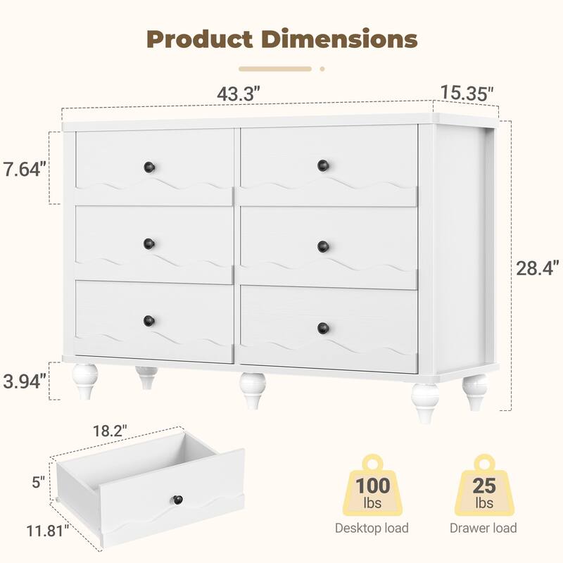 Modern 6-Drawer Dresser Closet Organizer, 43-In Chest of Drawers TV Stand