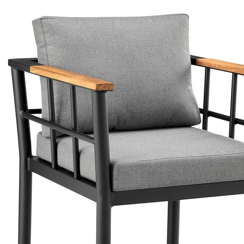 Orlando Outdoor Patio Counter or Bar Height Bar Stool in Aluminum and Teak with Grey Cushions