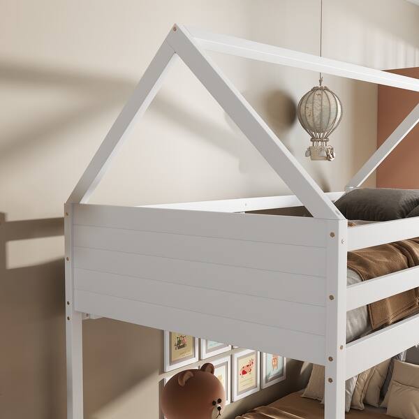 slide 2 of 42, Twin Over Twin House Floor Bunk Bed with Roof, Guardrails & Ladder White