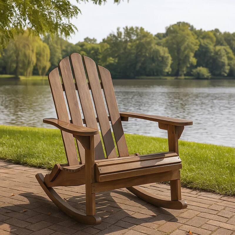 Outdoor Adirondack Rocking Chair, Slatted Back, Slope Arms, Dark Brown Wood