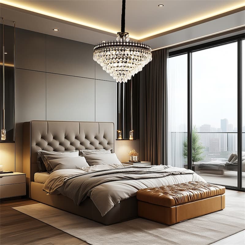 30/60CM Round Crystal Light Fixture with 3 Color Black Gold Crown Design Chandelier for Entryway, Living Room, Bedroom