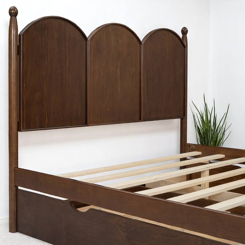 Rustic Queen Bed with Drawers and Pull-Out Twin XL Trundle, Solid Pine Platform Bed with Storage