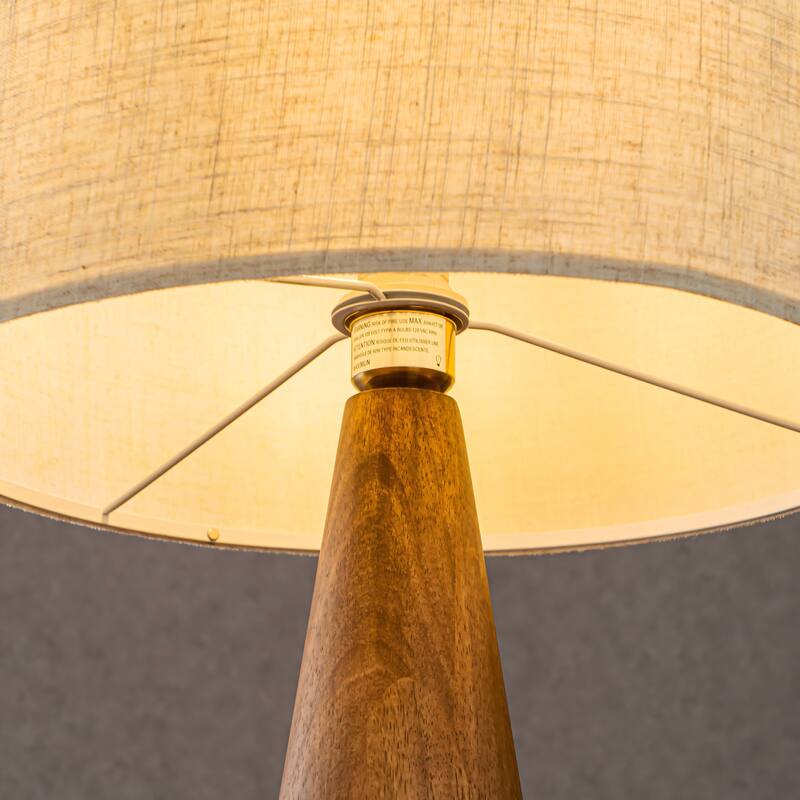 CraftHome Farmhouse Honey Brown Wood Bedside Table Lamp Drum Shape Nightstand Lamp with Beige Fabric Shade for Bedroom - W18''