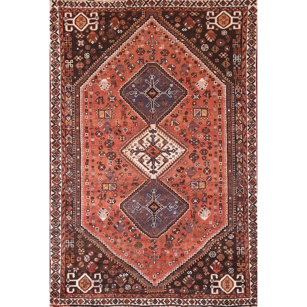 Tribal Qashqai Persian Vintage Area Rug Hand-Knotted Wool Carpet - 5'2"x 7'9"