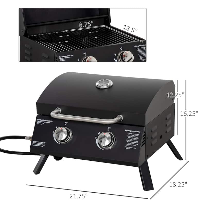 2 Burner Propane Gas Grill Outdoor Portable Tabletop BBQ with Foldable Legs,