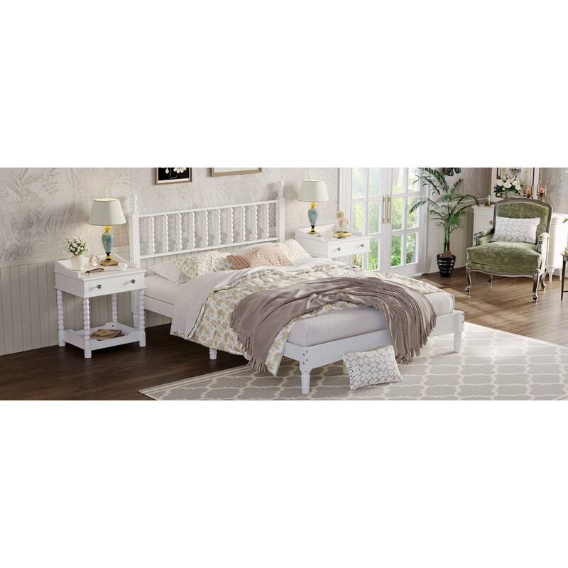 Queen Size Wood Platform Bed with Gourd Shaped Headboard, Retro Style, No Box Spring Needed, Sturdy Wooden Slats for Bedroom