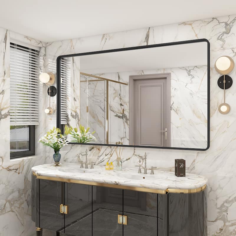 Aluminum alloy Framed Tempered Glass Wall Bathroom Vanity Mirror - 60" x 28" - Black