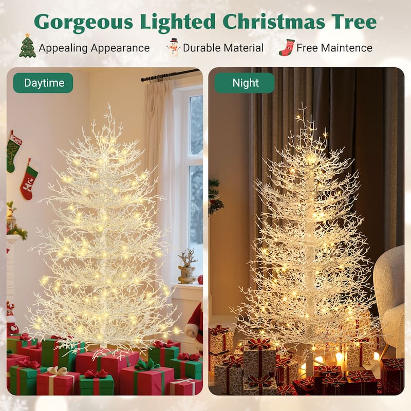 4FT Pre-lit Aspen Fir Artificial Christmas Tree, Hinged Xmas Tree 280 Snow Flocked Branch Tips, 230 Warm Yellow LED Lights