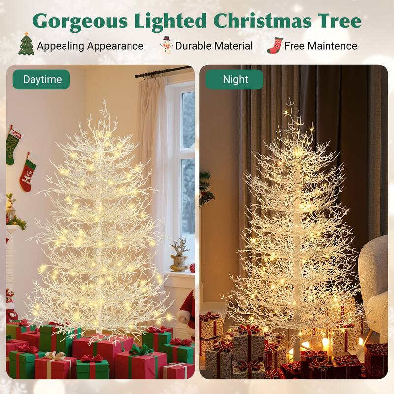 Roomfitters Pre-Lit Aspen Fir Christmas Tree 6FT/4FT, Hinged Snow-Flocked Artificial Holiday Tree with Warm Lights, White