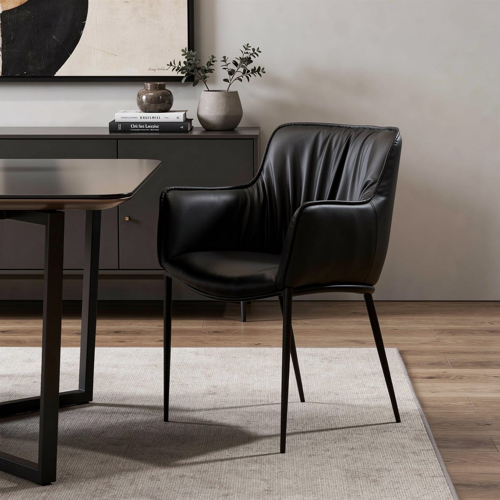 HomeRoots Black Faux Leather and Steel Dining Arm Chair - 24.00 in. x 34.00 in. x 25.00 in.