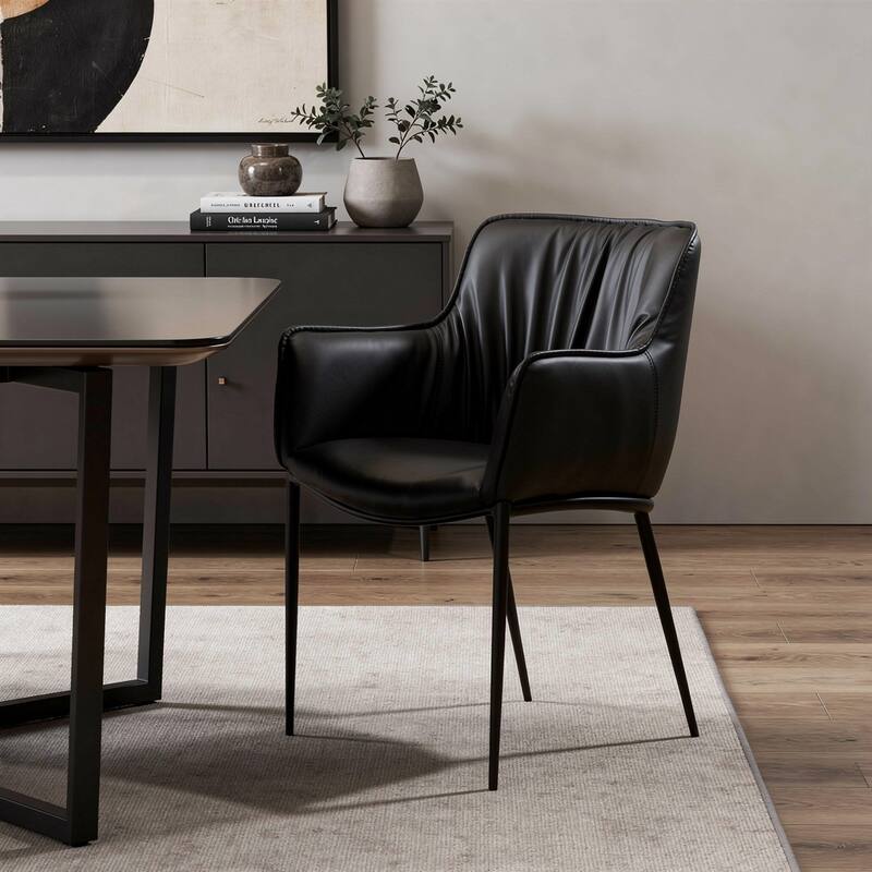 HomeRoots Black Faux Leather and Steel Dining Arm Chair - 24.00 in. x 34.00 in. x 25.00 in. - Single - 24.00 in. x 34.00 in. x 25.00 in. - Black