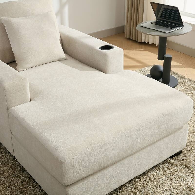 Chenille Fabric Oversized Chaise Lounger, 39.7''/43.5''/55'' Chair Bed Sofa Couch with Pillows, Charge Station & Cup Holders