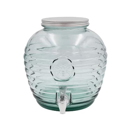 Reclaimed Glass Ribbed Beverage Dispenser with Bee Embossing - 9.5"L x 1.0"W x 9.8"H - 9.5"L x 1.0"W x 9.8"H