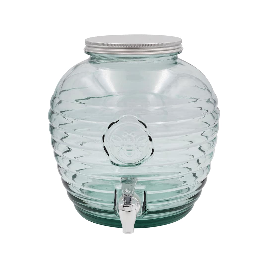 Reclaimed Glass Ribbed Beverage Dispenser with Bee Embossing - 9.5"L x 1.0"W x 9.8"H - 9.5"L x 1.0"W x 9.8"H