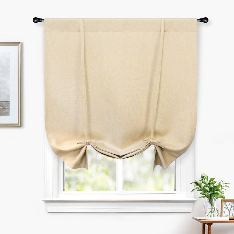 DriftAway Faux Linen Textured Solid Color Blackout Tie Up Curtain for Kitchen Adjustable Balloon Rod Pocket Window Curtains - 42" Width X 63" Length - Beige