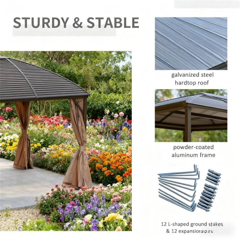 10' x 13' Hardtop Gazebo with Curtains and Netting, Pavilion with Steel Roof Ceiling Hook