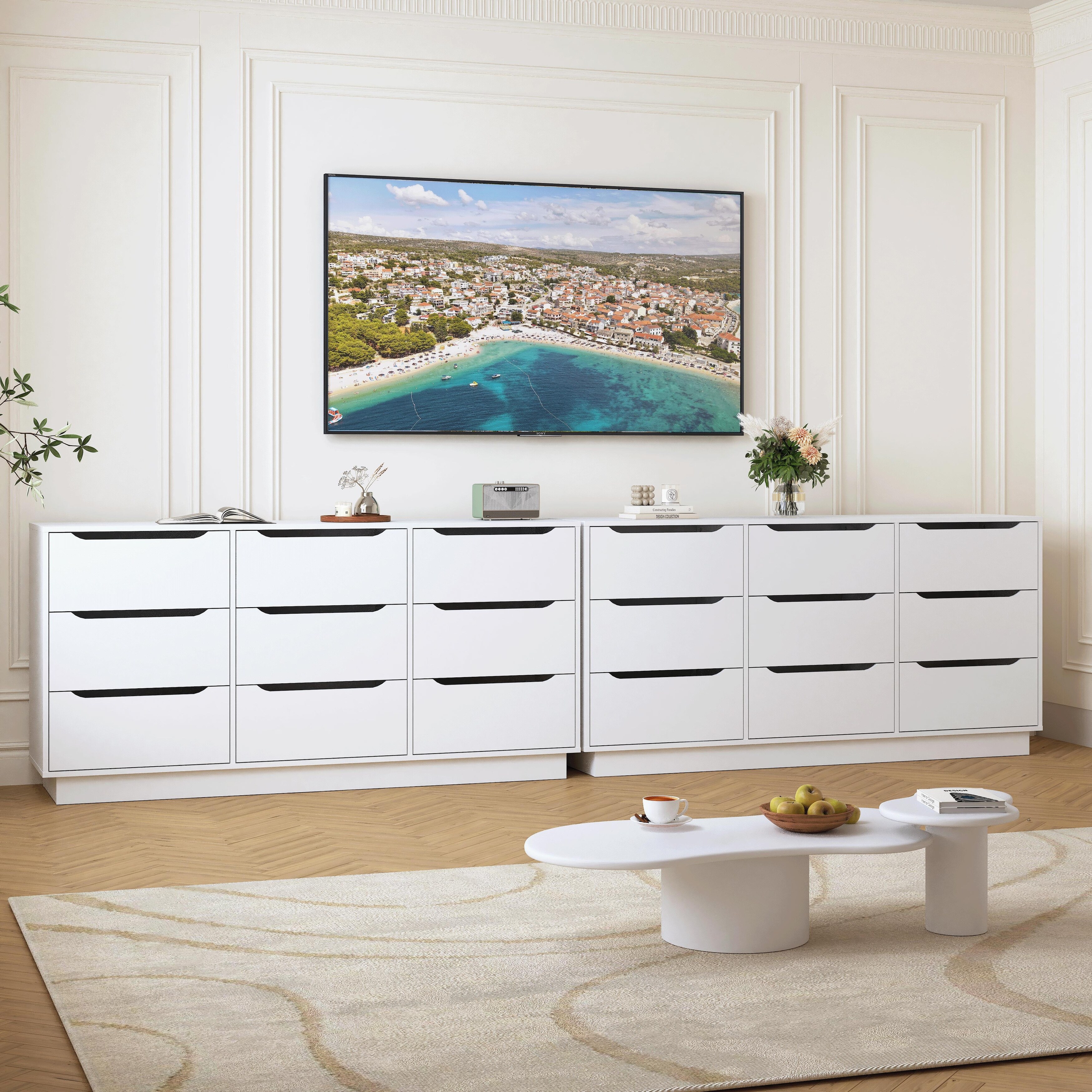 9 drawer white dresser Gyfimoie with Power Outlet, Modern Dresser with LED Light and refined metal knob hardware elevate room aesthetic 4.1 Elevated Protective Leg Base Poppy's Signature 9 Drawer Faux