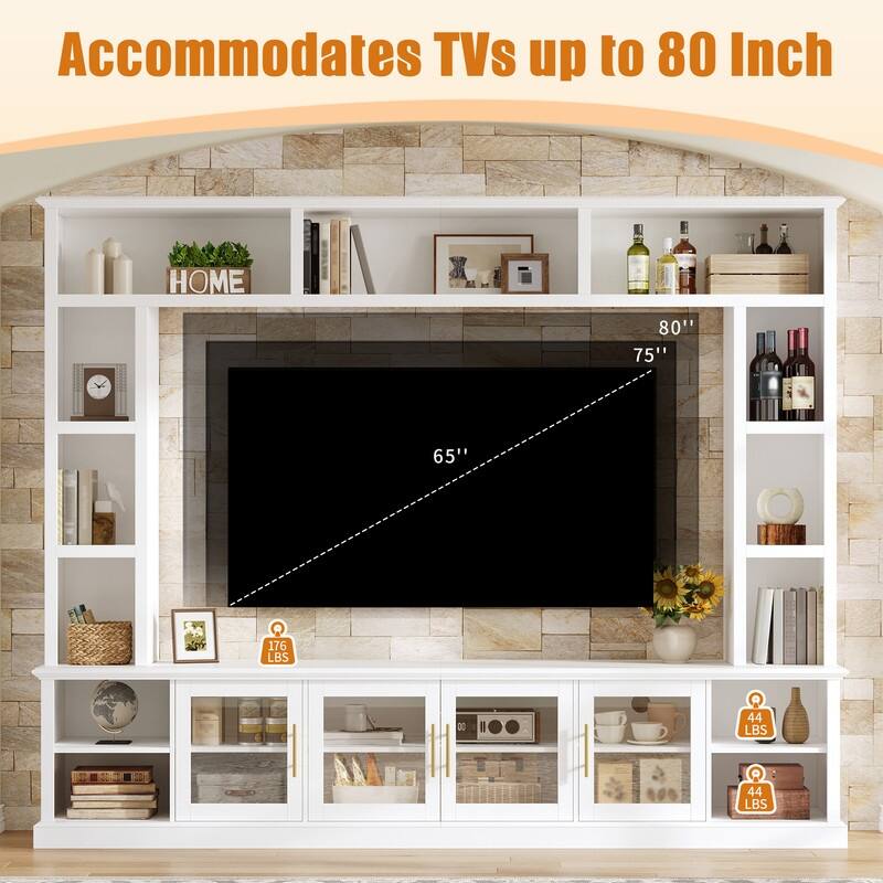 Modern Entertainment Center Wall Unit for TVs up to 80", One-Piece 95.1" TV Console Unit with Bookshelves & Tempered Glass Doors