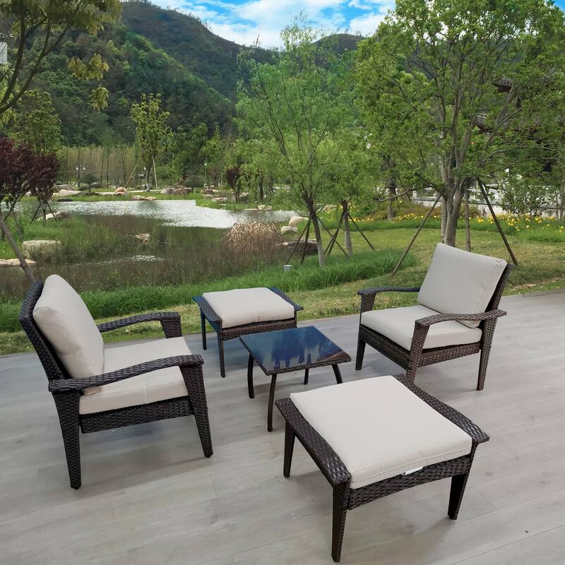 Beige Rattan Luxe 5-piece Outdoor Patio Furniture Set with Removable Plush Cushions, Easy Clean and Assemble