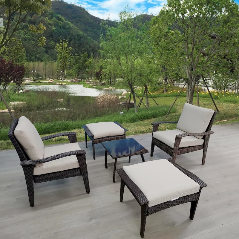 Rattan Luxe 5-piece Outdoor Patio Furniture Set with Removable Plush Cushions, Easy Clean and Assemble