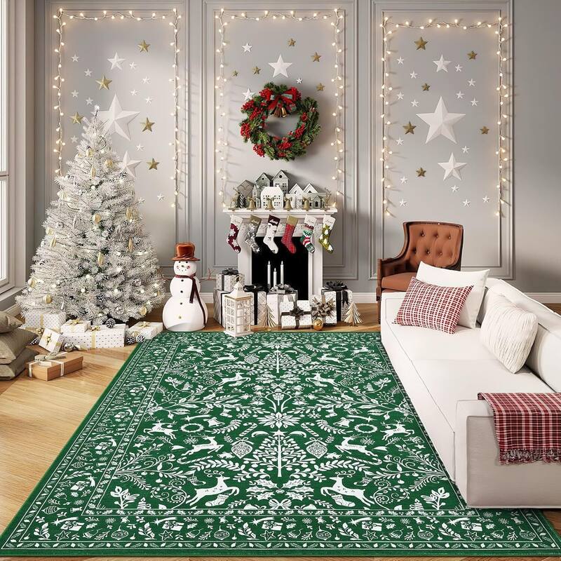 Christmas Non Shedding Xmas Decorative Throw Rug for Living Room, Bedroom, Green